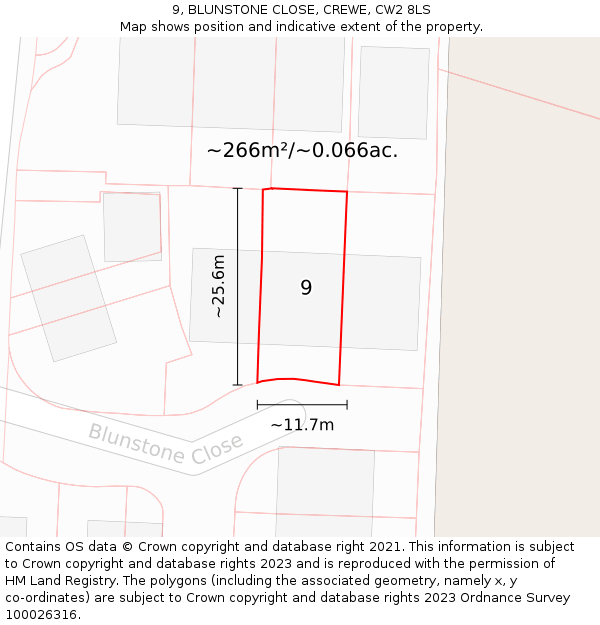 9, BLUNSTONE CLOSE, CREWE, CW2 8LS: Plot and title map