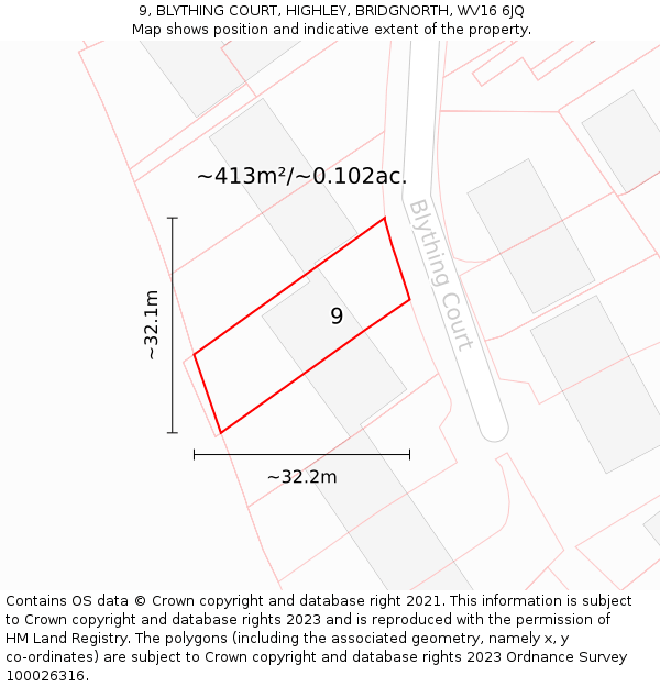 9, BLYTHING COURT, HIGHLEY, BRIDGNORTH, WV16 6JQ: Plot and title map