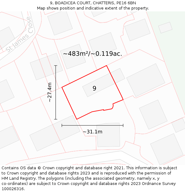 9, BOADICEA COURT, CHATTERIS, PE16 6BN: Plot and title map