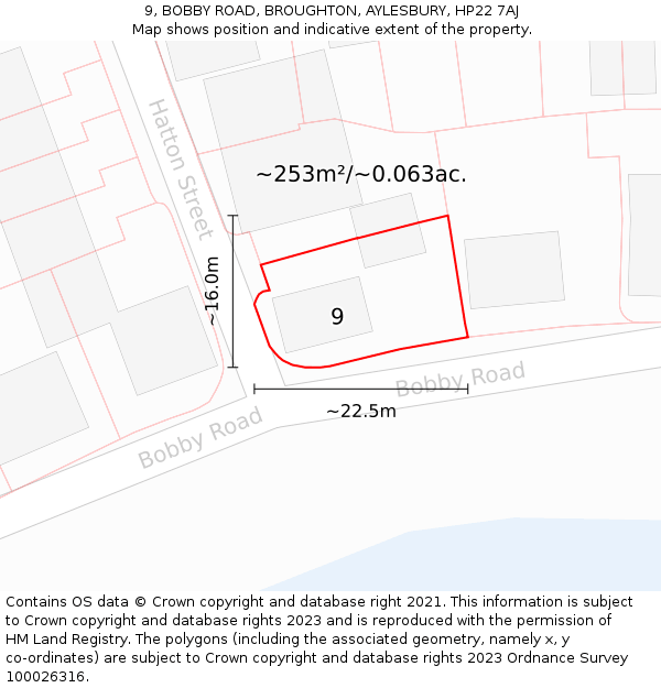 9, BOBBY ROAD, BROUGHTON, AYLESBURY, HP22 7AJ: Plot and title map