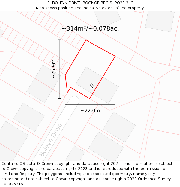 9, BOLEYN DRIVE, BOGNOR REGIS, PO21 3LG: Plot and title map