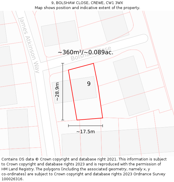 9, BOLSHAW CLOSE, CREWE, CW1 3WX: Plot and title map