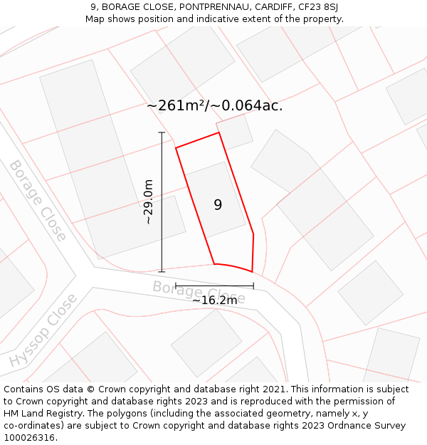 9, BORAGE CLOSE, PONTPRENNAU, CARDIFF, CF23 8SJ: Plot and title map