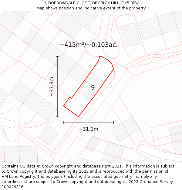 9, BORROWDALE CLOSE, BRIERLEY HILL, DY5 3RW: Plot and title map