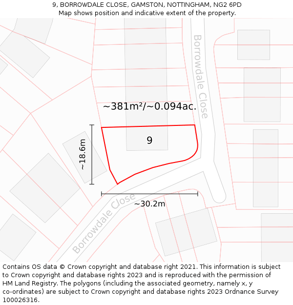 9, BORROWDALE CLOSE, GAMSTON, NOTTINGHAM, NG2 6PD: Plot and title map