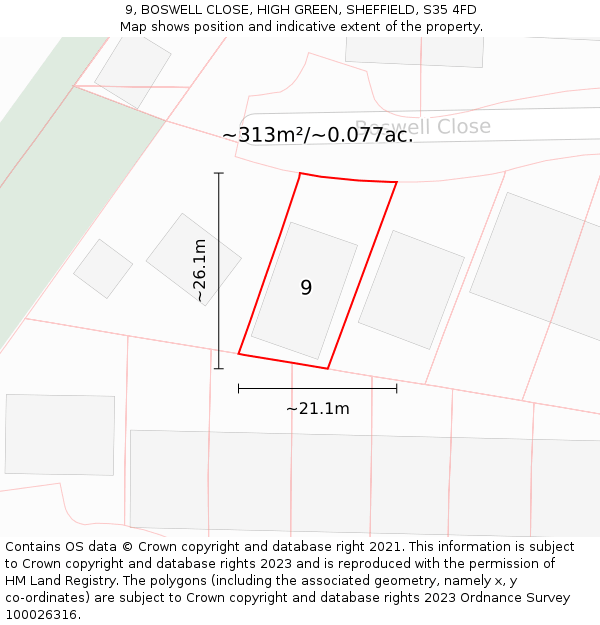 9, BOSWELL CLOSE, HIGH GREEN, SHEFFIELD, S35 4FD: Plot and title map