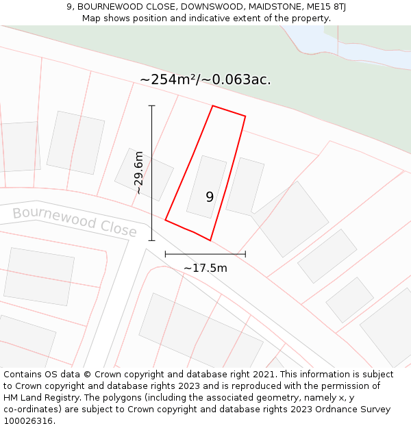 9, BOURNEWOOD CLOSE, DOWNSWOOD, MAIDSTONE, ME15 8TJ: Plot and title map