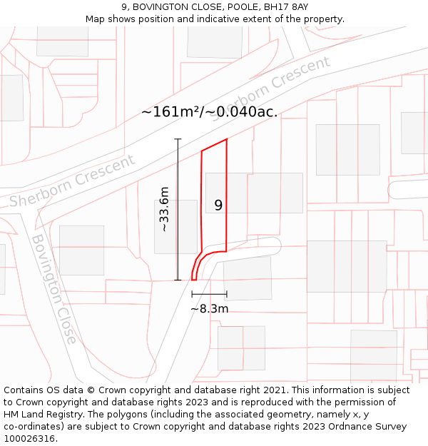 9, BOVINGTON CLOSE, POOLE, BH17 8AY: Plot and title map