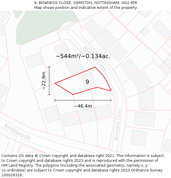 9, BOWNESS CLOSE, GAMSTON, NOTTINGHAM, NG2 6PE: Plot and title map