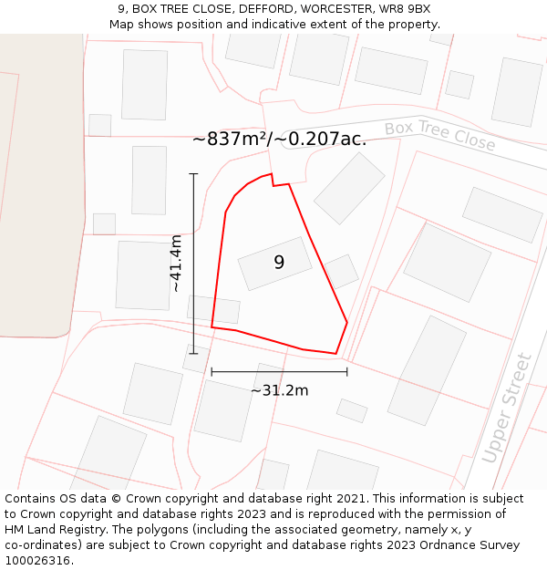 9, BOX TREE CLOSE, DEFFORD, WORCESTER, WR8 9BX: Plot and title map