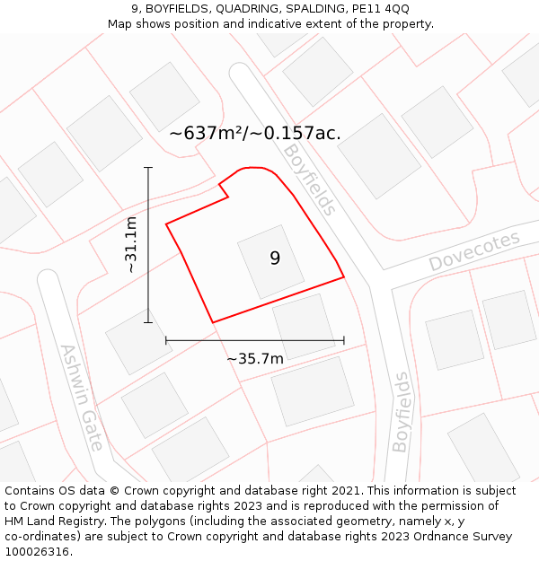 9, BOYFIELDS, QUADRING, SPALDING, PE11 4QQ: Plot and title map