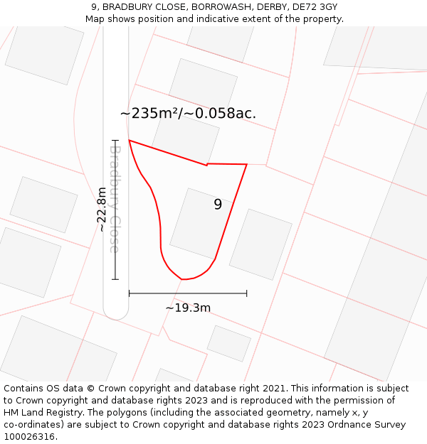 9, BRADBURY CLOSE, BORROWASH, DERBY, DE72 3GY: Plot and title map