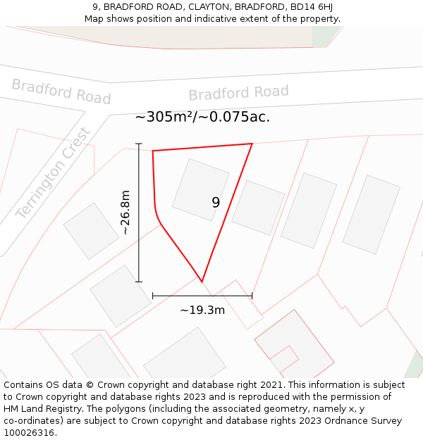 9, BRADFORD ROAD, CLAYTON, BRADFORD, BD14 6HJ: Plot and title map