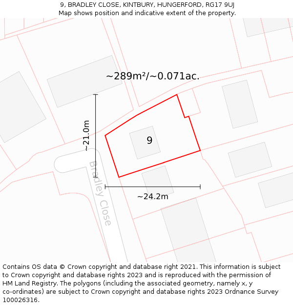 9, BRADLEY CLOSE, KINTBURY, HUNGERFORD, RG17 9UJ: Plot and title map