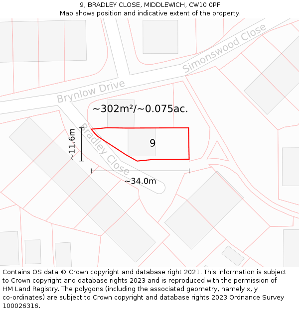 9, BRADLEY CLOSE, MIDDLEWICH, CW10 0PF: Plot and title map