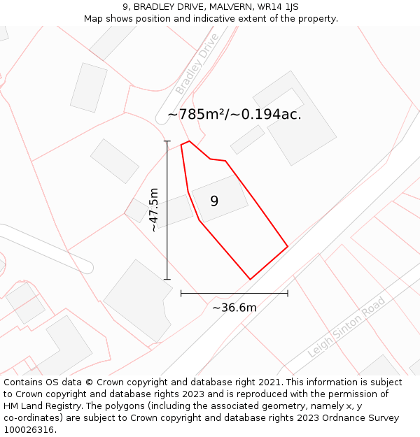 9, BRADLEY DRIVE, MALVERN, WR14 1JS: Plot and title map