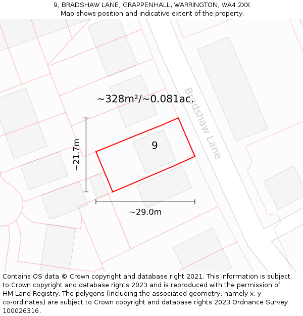 9, BRADSHAW LANE, GRAPPENHALL, WARRINGTON, WA4 2XX: Plot and title map