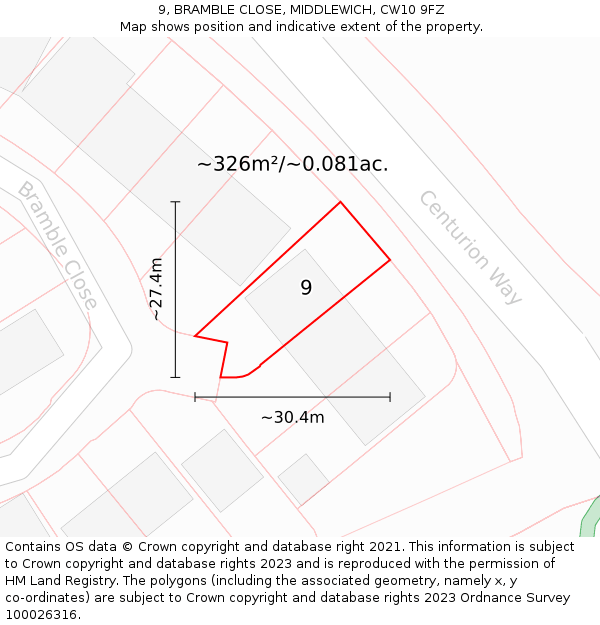 9, BRAMBLE CLOSE, MIDDLEWICH, CW10 9FZ: Plot and title map