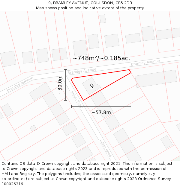 9, BRAMLEY AVENUE, COULSDON, CR5 2DR: Plot and title map