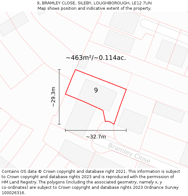 9, BRAMLEY CLOSE, SILEBY, LOUGHBOROUGH, LE12 7UN: Plot and title map