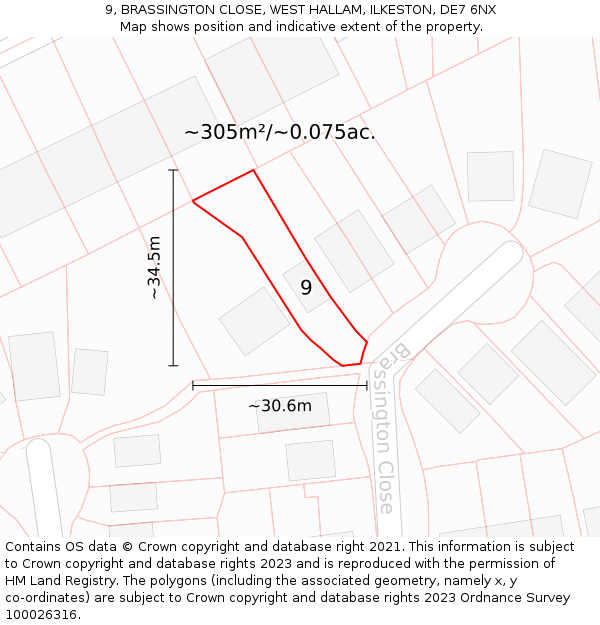 9, BRASSINGTON CLOSE, WEST HALLAM, ILKESTON, DE7 6NX: Plot and title map