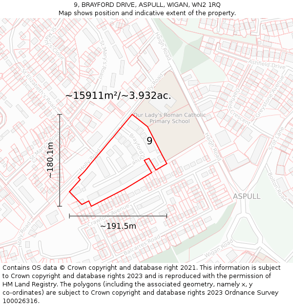 9, BRAYFORD DRIVE, ASPULL, WIGAN, WN2 1RQ: Plot and title map