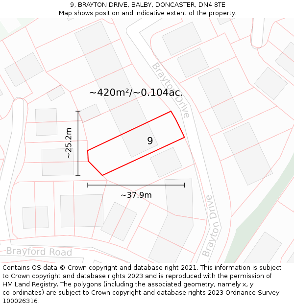 9, BRAYTON DRIVE, BALBY, DONCASTER, DN4 8TE: Plot and title map