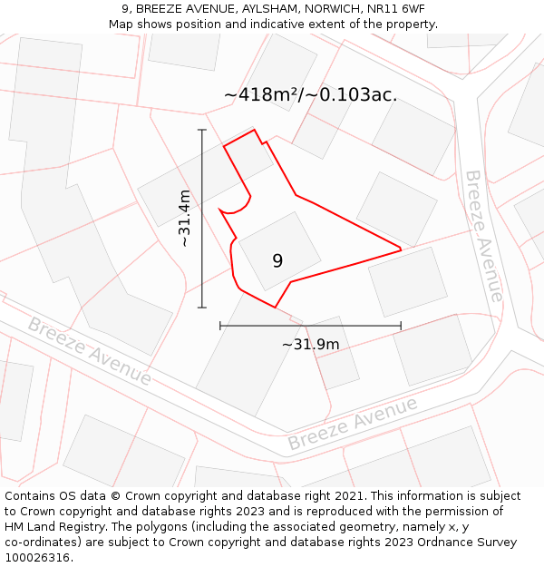 9, BREEZE AVENUE, AYLSHAM, NORWICH, NR11 6WF: Plot and title map