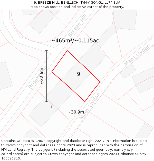 9, BREEZE HILL, BENLLECH, TYN-Y-GONGL, LL74 8UA: Plot and title map