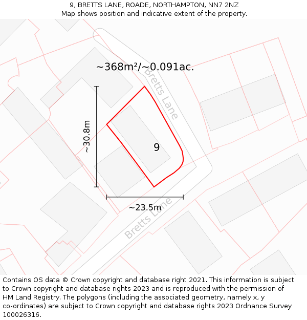 9, BRETTS LANE, ROADE, NORTHAMPTON, NN7 2NZ: Plot and title map