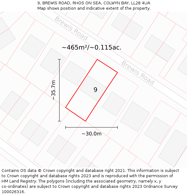 9, BREWIS ROAD, RHOS ON SEA, COLWYN BAY, LL28 4UA: Plot and title map