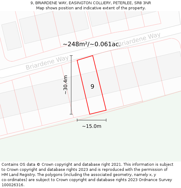 9, BRIARDENE WAY, EASINGTON COLLIERY, PETERLEE, SR8 3NR: Plot and title map