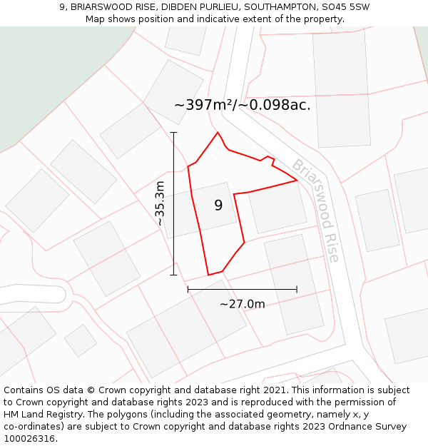 9, BRIARSWOOD RISE, DIBDEN PURLIEU, SOUTHAMPTON, SO45 5SW: Plot and title map