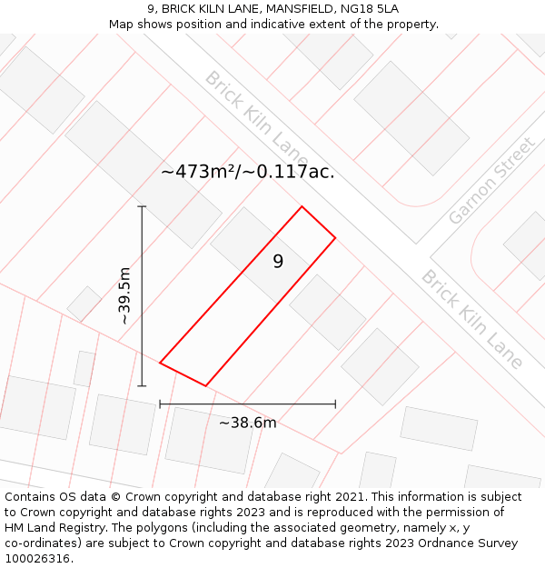 9, BRICK KILN LANE, MANSFIELD, NG18 5LA: Plot and title map