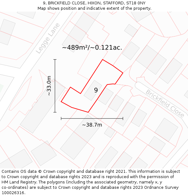 9, BRICKFIELD CLOSE, HIXON, STAFFORD, ST18 0NY: Plot and title map