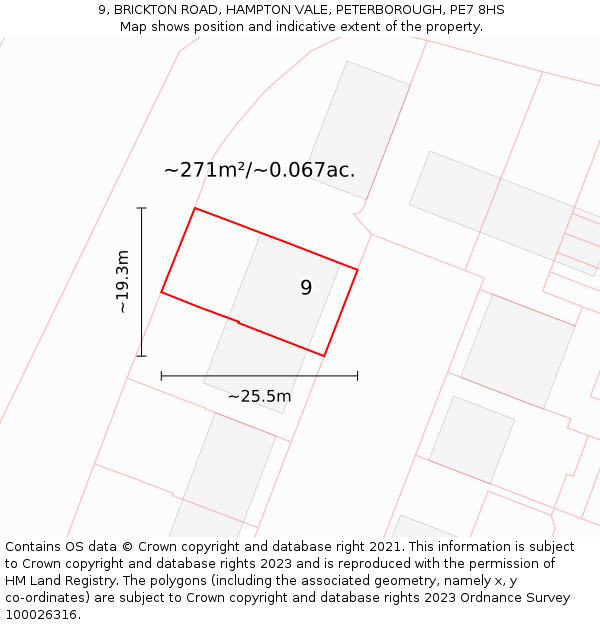 9, BRICKTON ROAD, HAMPTON VALE, PETERBOROUGH, PE7 8HS: Plot and title map