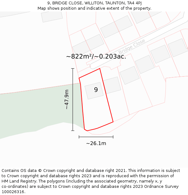 9, BRIDGE CLOSE, WILLITON, TAUNTON, TA4 4PJ: Plot and title map