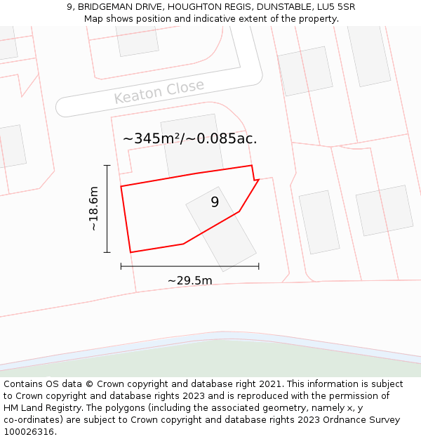 9, BRIDGEMAN DRIVE, HOUGHTON REGIS, DUNSTABLE, LU5 5SR: Plot and title map