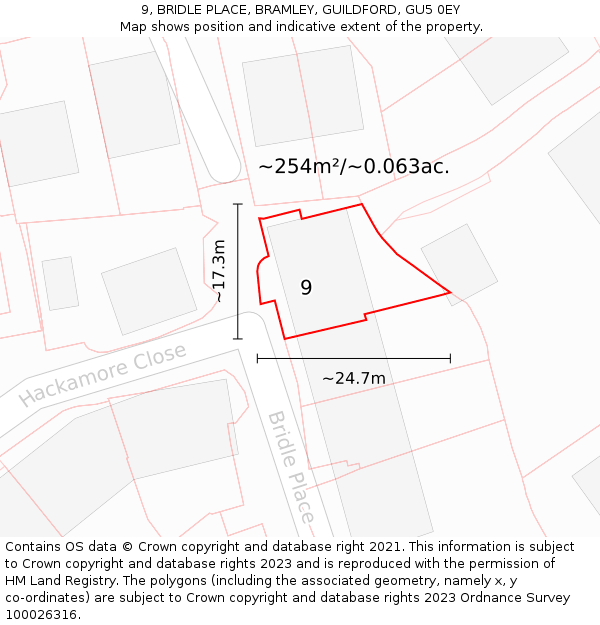 9, BRIDLE PLACE, BRAMLEY, GUILDFORD, GU5 0EY: Plot and title map