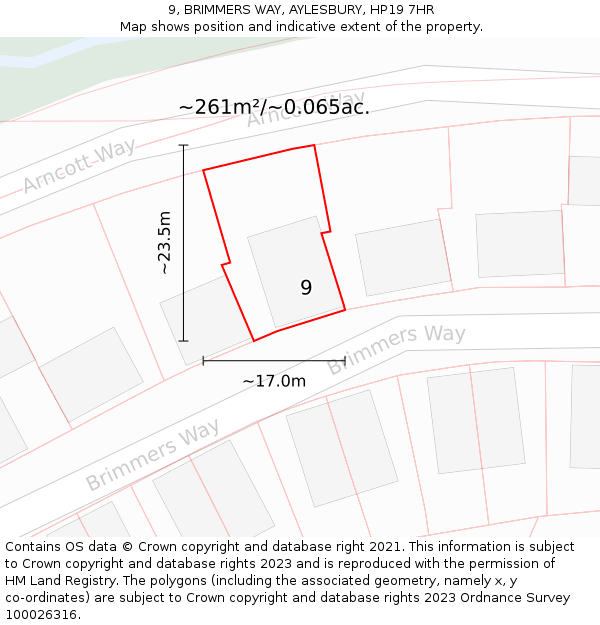 9, BRIMMERS WAY, AYLESBURY, HP19 7HR: Plot and title map