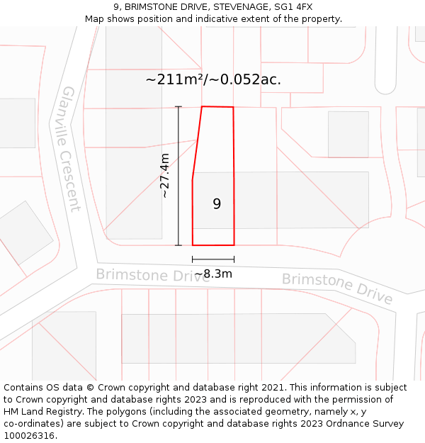 9, BRIMSTONE DRIVE, STEVENAGE, SG1 4FX: Plot and title map