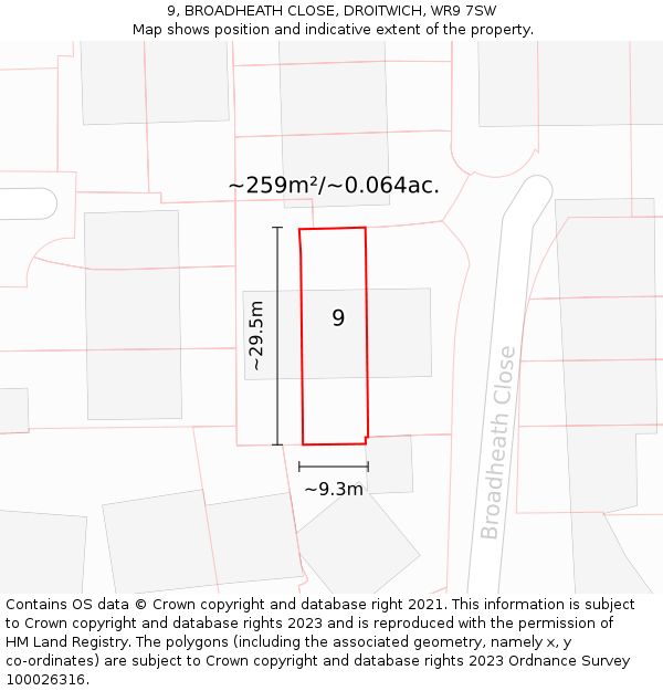 9, BROADHEATH CLOSE, DROITWICH, WR9 7SW: Plot and title map