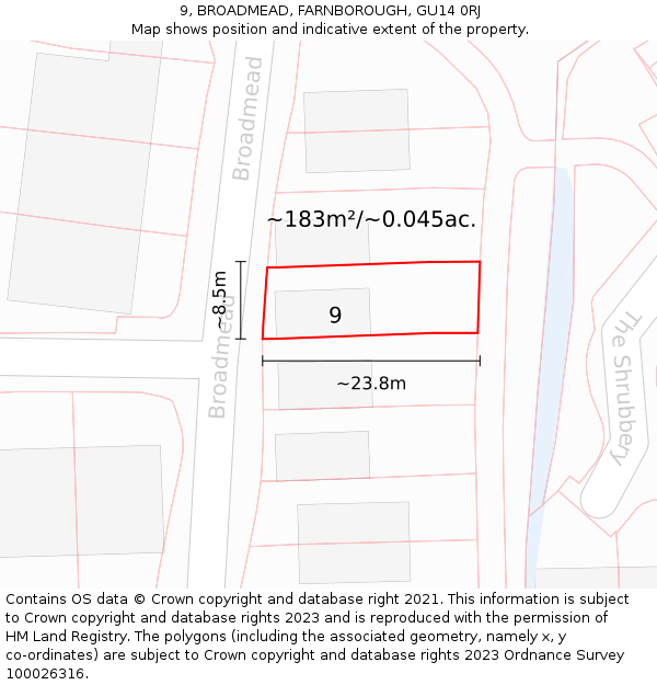 9, BROADMEAD, FARNBOROUGH, GU14 0RJ: Plot and title map