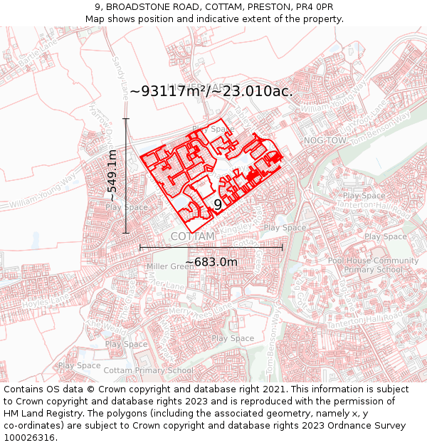 9, BROADSTONE ROAD, COTTAM, PRESTON, PR4 0PR: Plot and title map