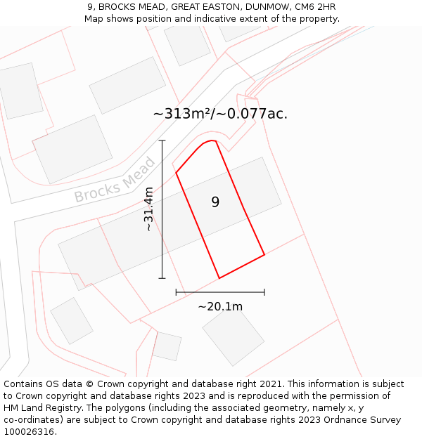 9, BROCKS MEAD, GREAT EASTON, DUNMOW, CM6 2HR: Plot and title map