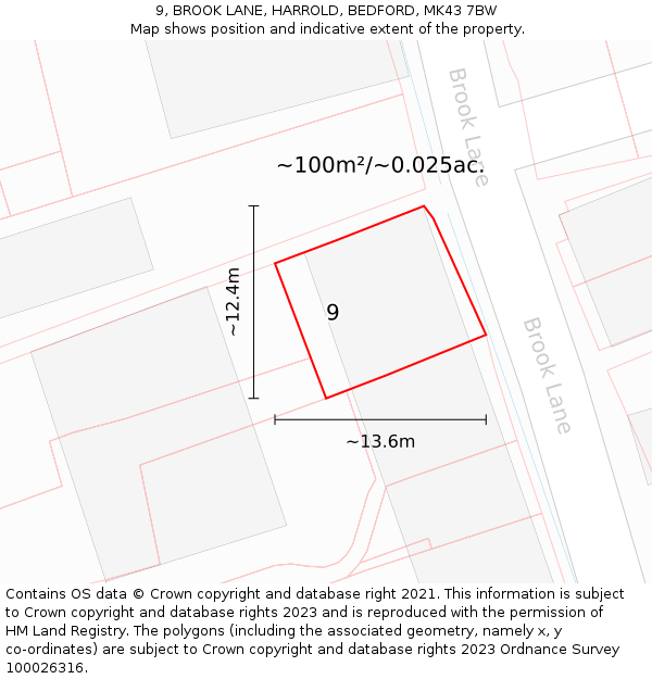 9, BROOK LANE, HARROLD, BEDFORD, MK43 7BW: Plot and title map