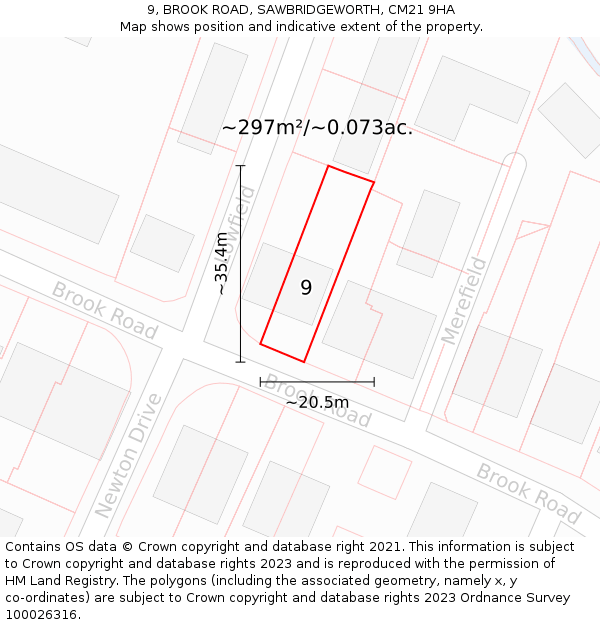 9, BROOK ROAD, SAWBRIDGEWORTH, CM21 9HA: Plot and title map