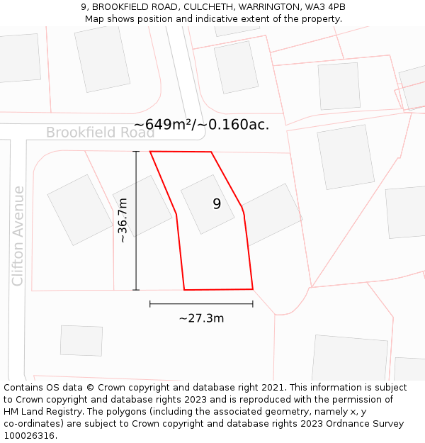 9, BROOKFIELD ROAD, CULCHETH, WARRINGTON, WA3 4PB: Plot and title map