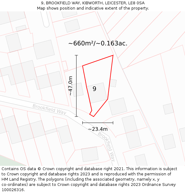 9, BROOKFIELD WAY, KIBWORTH, LEICESTER, LE8 0SA: Plot and title map