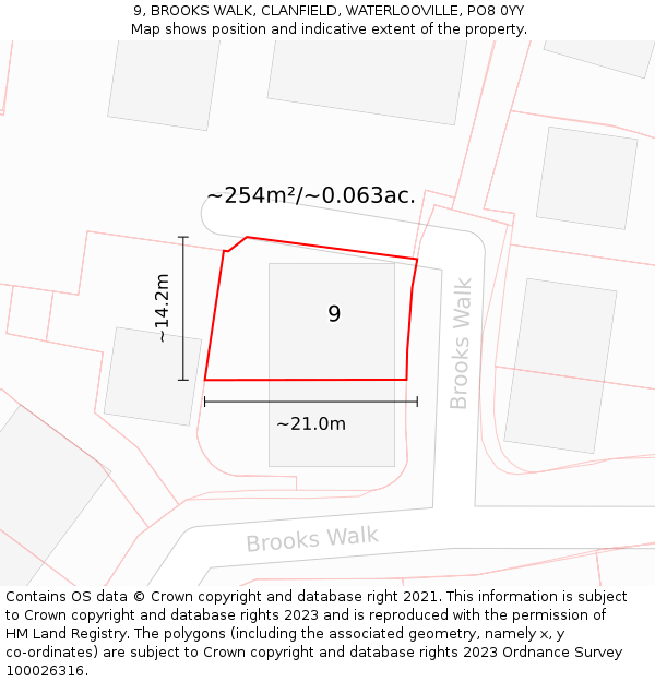 9, BROOKS WALK, CLANFIELD, WATERLOOVILLE, PO8 0YY: Plot and title map